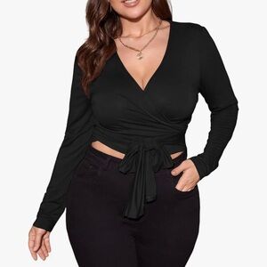 Floerns women plus size v neck black long sleeve wrap knot front cropped 3XL new